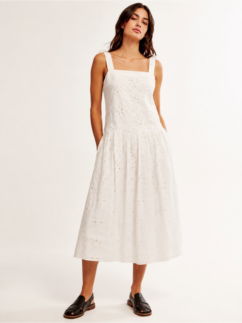 Free People Women White Eyelet Embroidery Tie Strap Smocked Maxi Dress L NWT